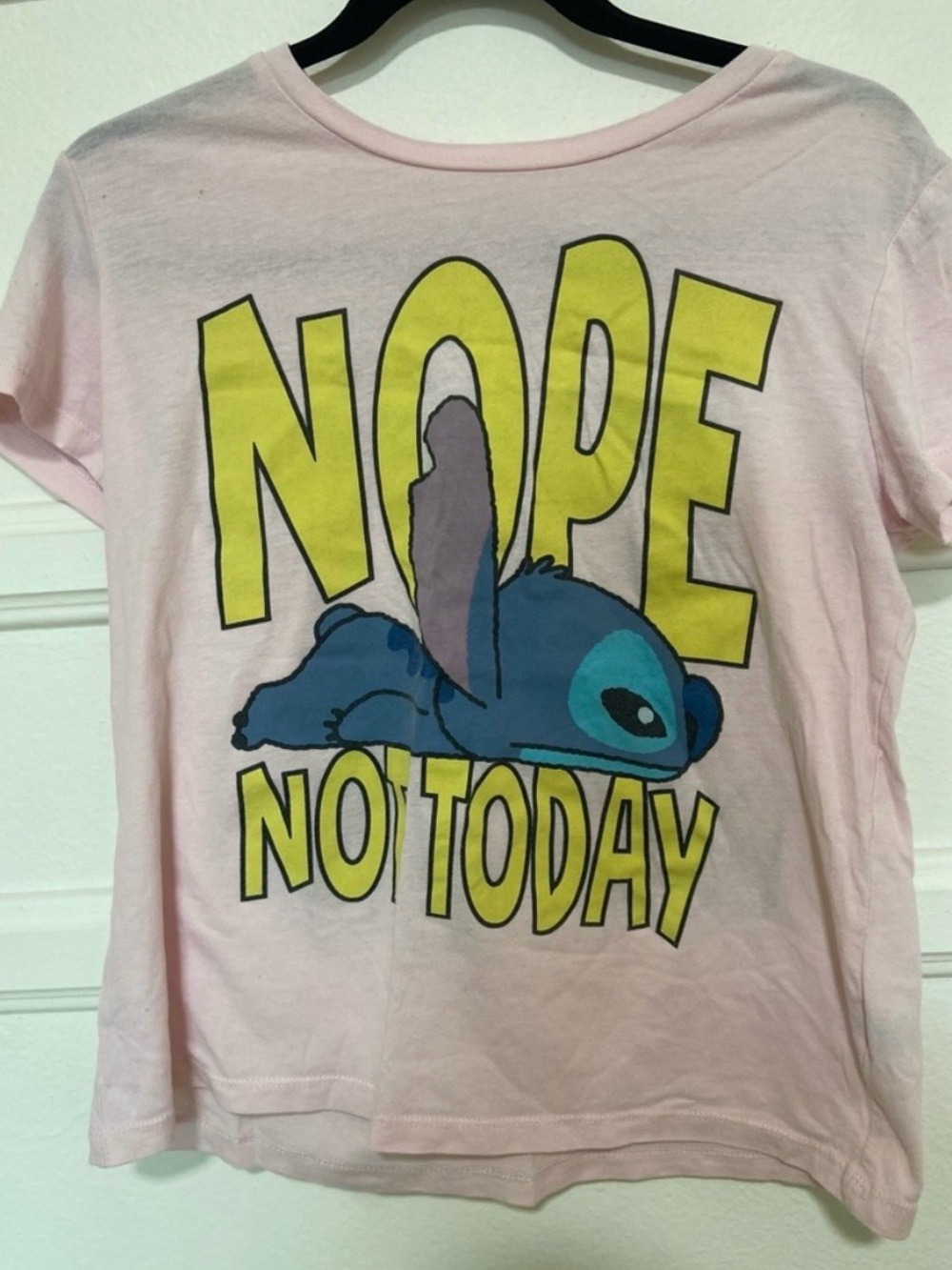 Disney Pink Tee with Blue Stitch and Yellow 'NOPE' Graphic